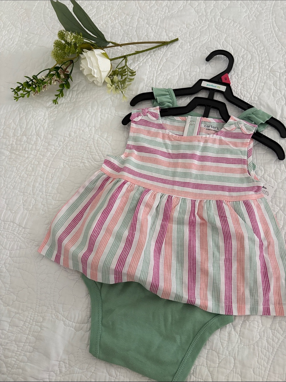 Carter's Pink, Green & White Striped Dress-Style top, shorts and onesie